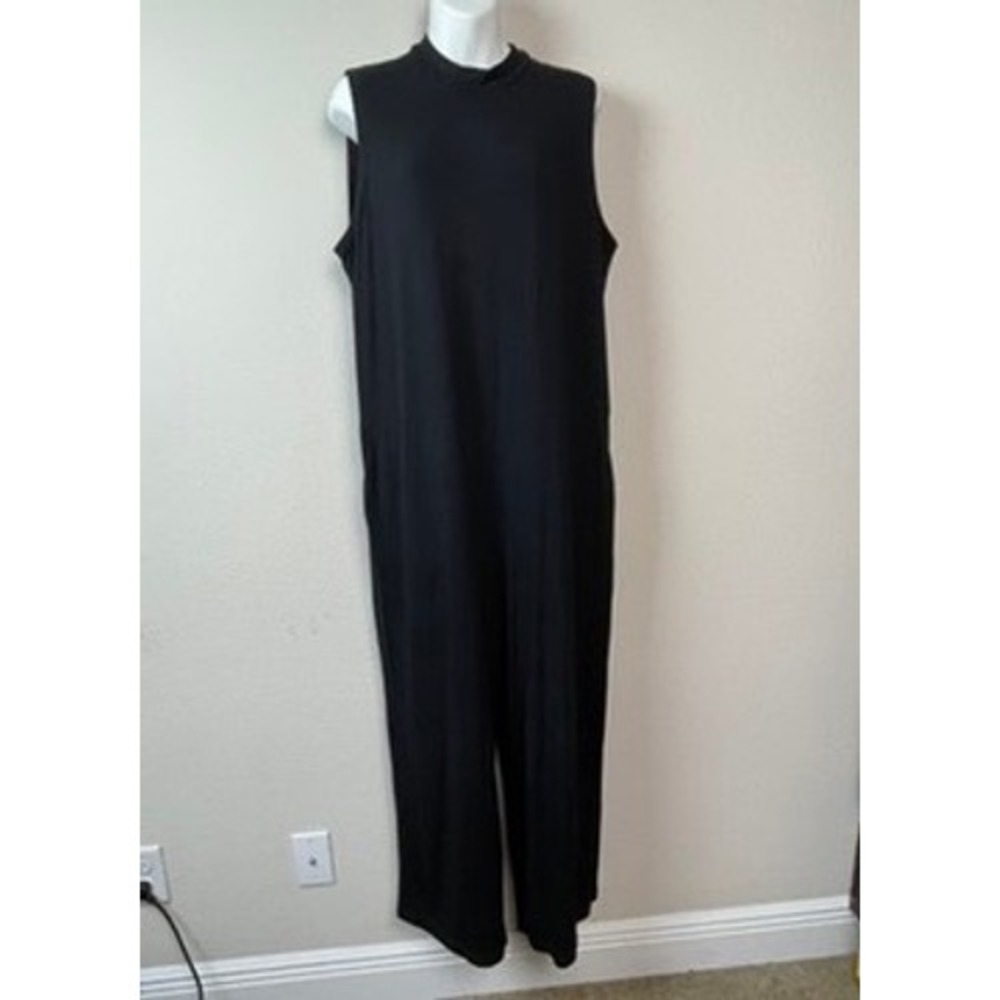 Eileen Fisher Jumpsuit Womens L Black Lagenlook Mock Neck Wide Leg Minimalist